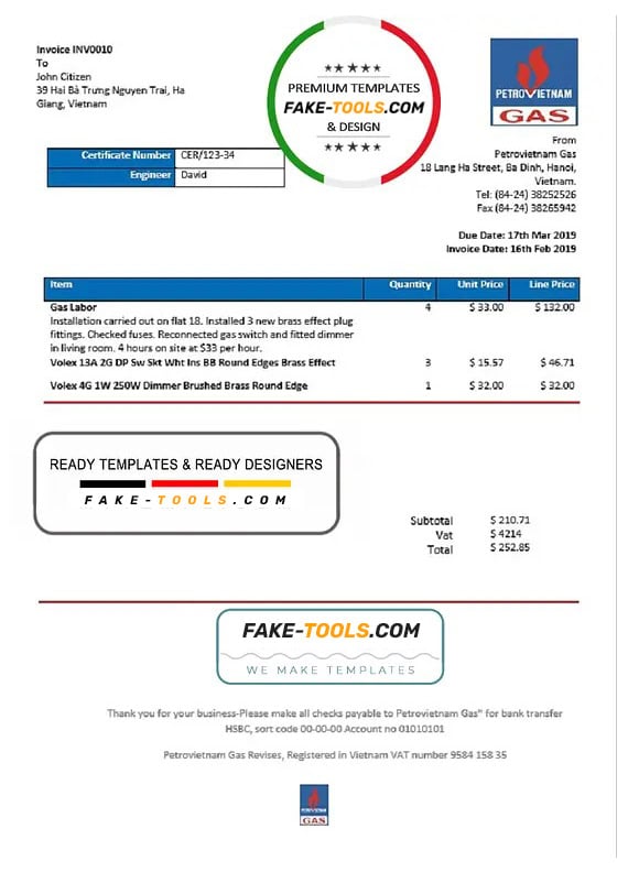 Vietnam Petrovietnam Gas utility bill template in Word and PDF format Vietnam Petrovietnam Gas utility bill template in Word and PDF format