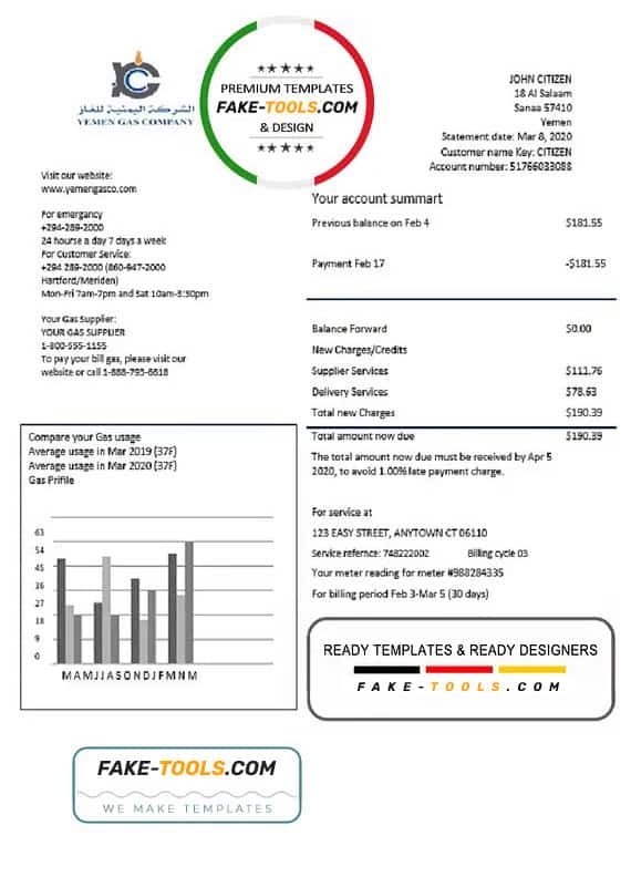 Yemen Gas Company utility bill template in Word and PDF format Yemen Gas Company utility bill template in Word and PDF format