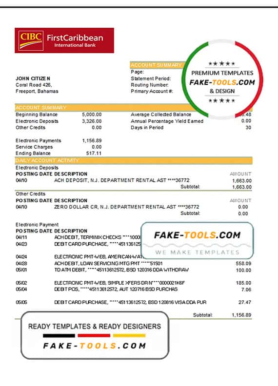Bahamas FirstCaribbean International Bank statement template in Excel and PDF format Bahamas FirstCaribbean International Bank statement template in Excel and PDF format