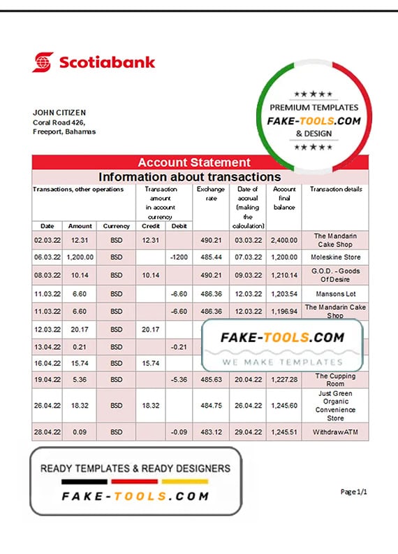 Bahamas Scotiabank Bank statement template in Excel and PDF format Bahamas Scotiabank Bank statement template in Excel and PDF format