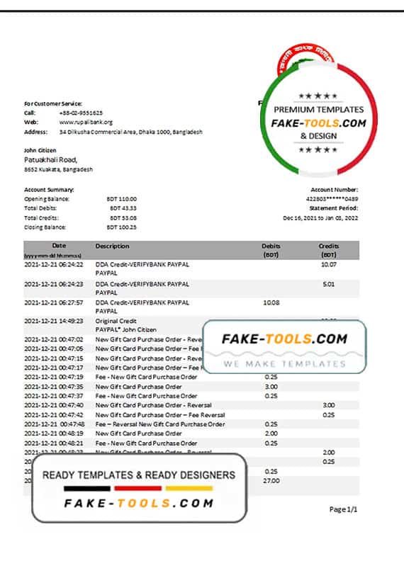 Bangladesh Rupalii bank statement template in Excel and PDF format Bangladesh Rupalii bank statement template in Excel and PDF format