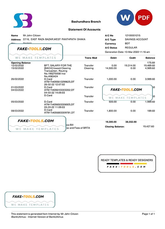 Bangladesh SB bank statement, Word and PDF template Bangladesh SB bank statement, Word and PDF template