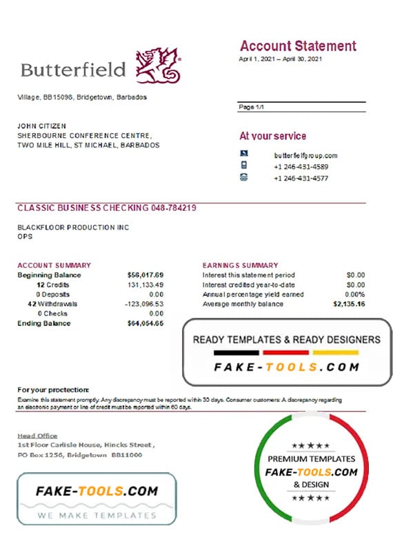 Barbados Butterfield bank statement easy to fill template in .xls and .pdf file format Barbados Butterfield bank statement easy to fill template in .xls and .pdf file format