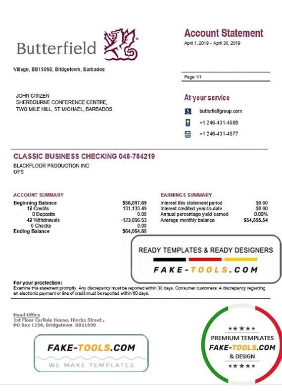 Barbados Butterfield proof of address bank statement template in Word and PDF format Barbados Butterfield proof of address bank statement template in Word and PDF format