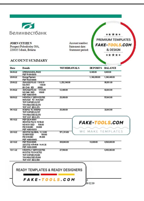Belarus Belinvest bank statement template in Excel and PDF format Belarus Belinvest bank statement template in Excel and PDF format