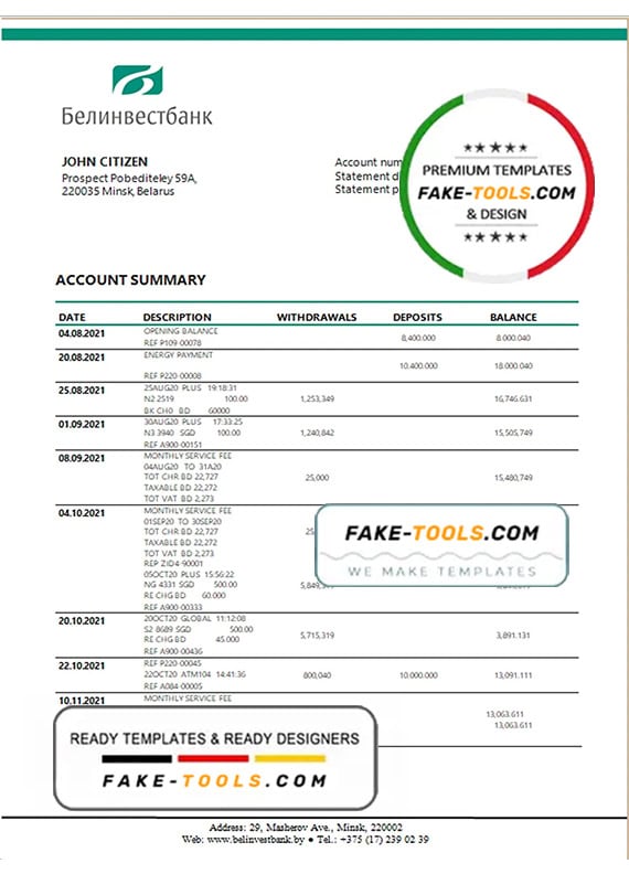 Belarus Belinvest bank statement template in Word and PDF format Belarus Belinvest bank statement template in Word and PDF format