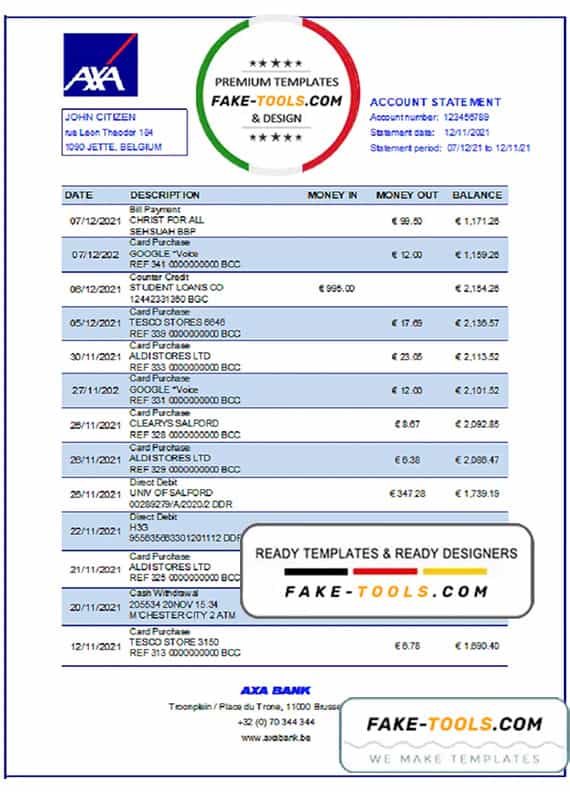 Belgium AXA bank statement easy to fill template in .xls and .pdf file format Belgium AXA bank statement easy to fill template in .xls and .pdf file format