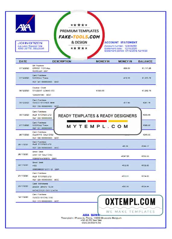 Belgium AXA Bank statement template in Word and PDF format Belgium AXA Bank statement template in Word and PDF format