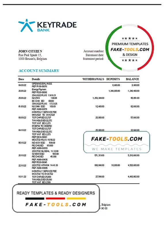 Belgium Keytrade bank statement template in Excel and PDF format Belgium Keytrade bank statement template in Excel and PDF format