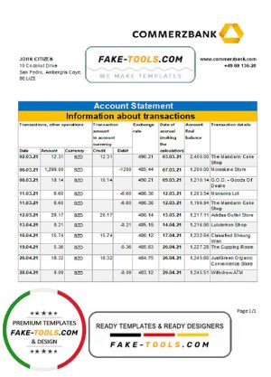 Belize Commerzbank bank statement easy to fill template in Excel and PDF format