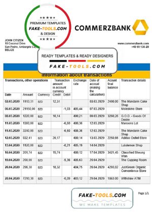 Belize Commerzbank bank statement template in Word and PDF format, good for address prove