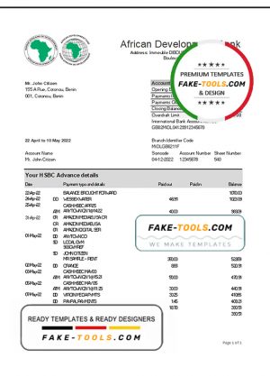 Benin African Development bank statement template in Excel and PDF format