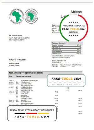 Benin African Development bank statement template in Word and PDF format