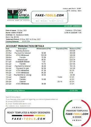 Benin Bank of Africa bank statement easy to fill template in Excel and PDF format