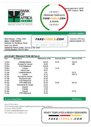 Benin Bank of Africa bank statement template in Word and PDF format
