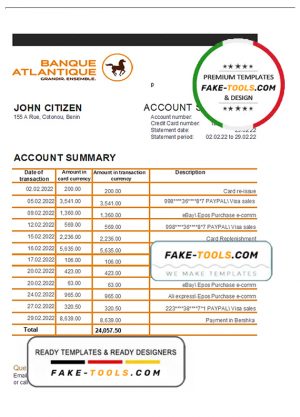 Benin Banque Atlantique bank statement template in Excel and PDF format