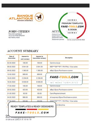 Benin Banque Atlantique bank statement template in Word and PDF format