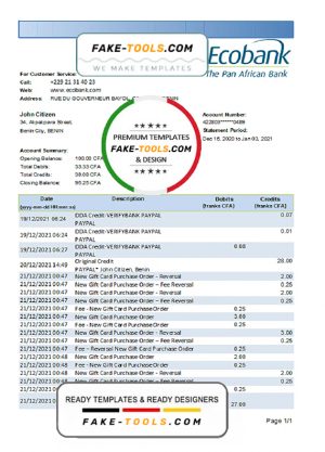 Benin Ecobank bank statement easy to fill template in .xls and .pdf file format