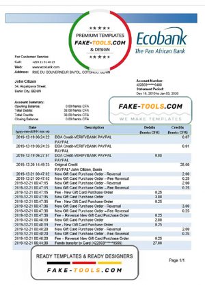 Benin Ecobank proof of address bank statement template in Word and PDF format