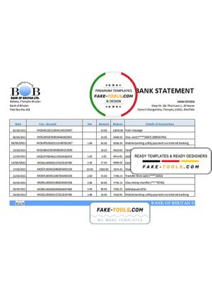 Bhutan Bank of Bhutan bank statement easy to fill template in Excel and PDF format
