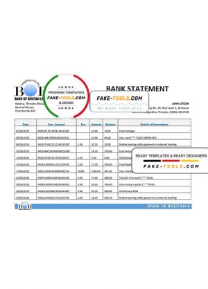 Bhutan Bank of Bhutan bank statement easy to fill template in Word and PDF format