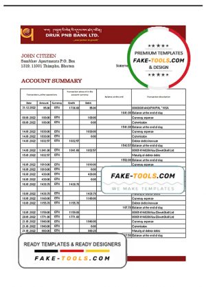 Bhutan Druk PNB bank statement template in Excel and PDF format