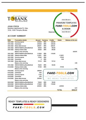 Bhutan T bank statement template in Excel and PDF format