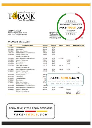 Bhutan T bank statement template in Word and PDF format