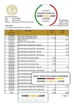 Bolivia Banco Central de Bolivia bank statement easy to fill template in .xls and .pdf file format