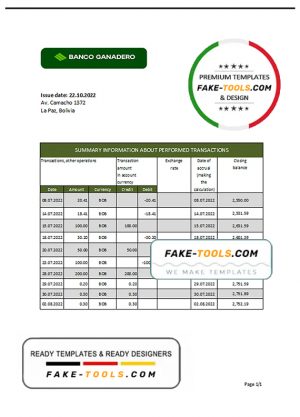 Bolivia Banco Ganadero bank statement template in Excel and PDF