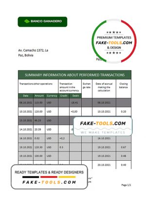 Bolivia Banco Ganadero bank statement template in Word and PDF format