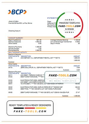 Bolivia banco de crédito de bolivia bank statement template in Word and PDF format