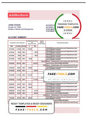 Bosnia and Herzegovina Addiko Bank statement template in Excel and PDF format (autosum)