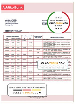 Bosnia and Herzegovina Addiko bank statement template in Word and PDF format