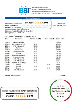 Bosnia and Herzegovina Bosna Bank International bank statement easy to fill template in Excel and PDF format (AutoSum)