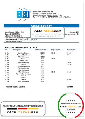 Bosnia and Herzegovina Bosna Bank International proof of address bank statement template in Word and PDF format