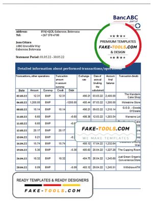 Botswana Bank ABC bank statement template in Excel and PDF format