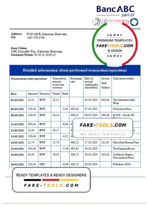 Botswana Bank ABC bank statement template in Word and PDF format