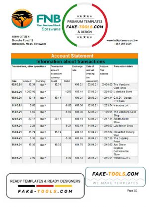 Botswana FNB of Botswana bank statement template in .xls and .pdf file format, fully editable