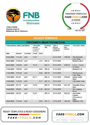 Botswana First National Bank statement template in Word and PDF format, good for address prove