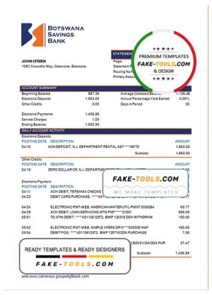 Botswana Savings Bank statement template in Word and PDF format