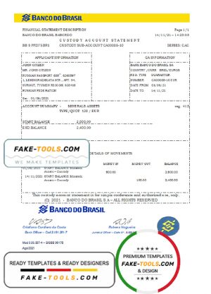 Brazil Banco do Brasil bank statement easy to fill template in Excel and PDF format