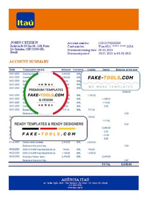 Brazil Itau bank statement template in Excel and PDF format, fully editable