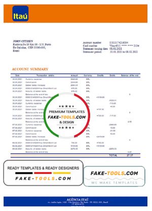 Brazil Itau bank statement template in Word and PDF format, fully editable