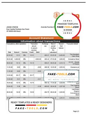 Brazil Safra bank statement template in Excel and PDF format