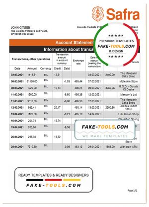 Brazil Safra bank statement template in Word and PDF format