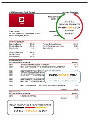 Brunei CIMB proof of addres statement template in Excel and PDF format