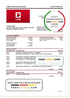 Brunei CIMB proof of addres statement template in Word and PDF format
