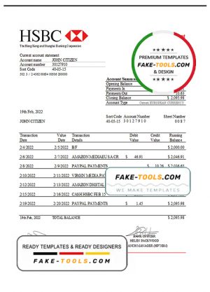 Brunei HSBC bank statement Excel and PDF template, fully editable (AutoSum)