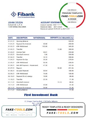 Bulgaria Fibank bank statement easy to fill template in Excel and PDF format (AutoSum)